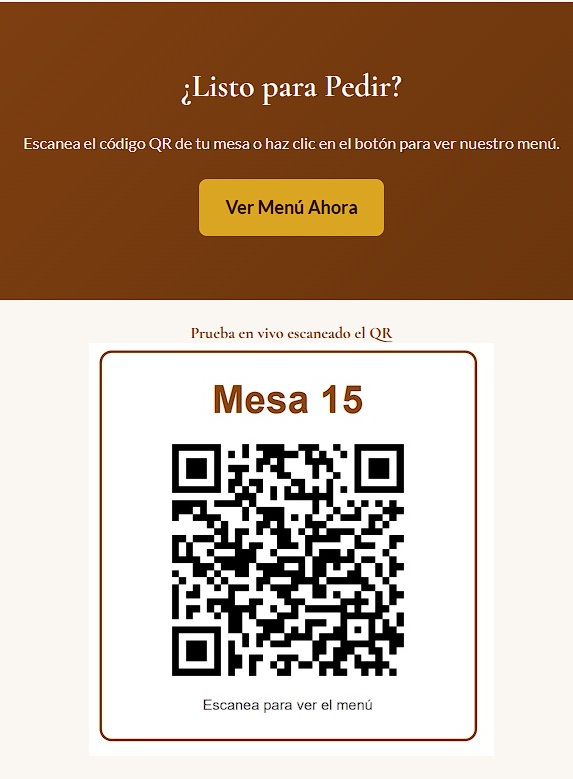 Ejemplo de codigo QR impreso en mesa con instrucciones para el cliente